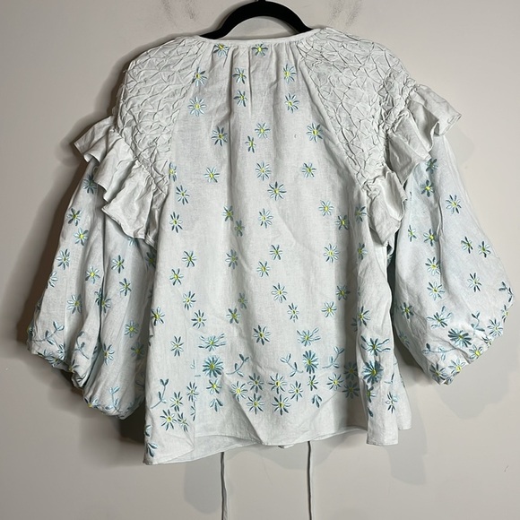 Forever That Girl Anthro | Ruffle-Sleeve Smocked Linen Blouse Size Medium NWT - Picture 7 of 7